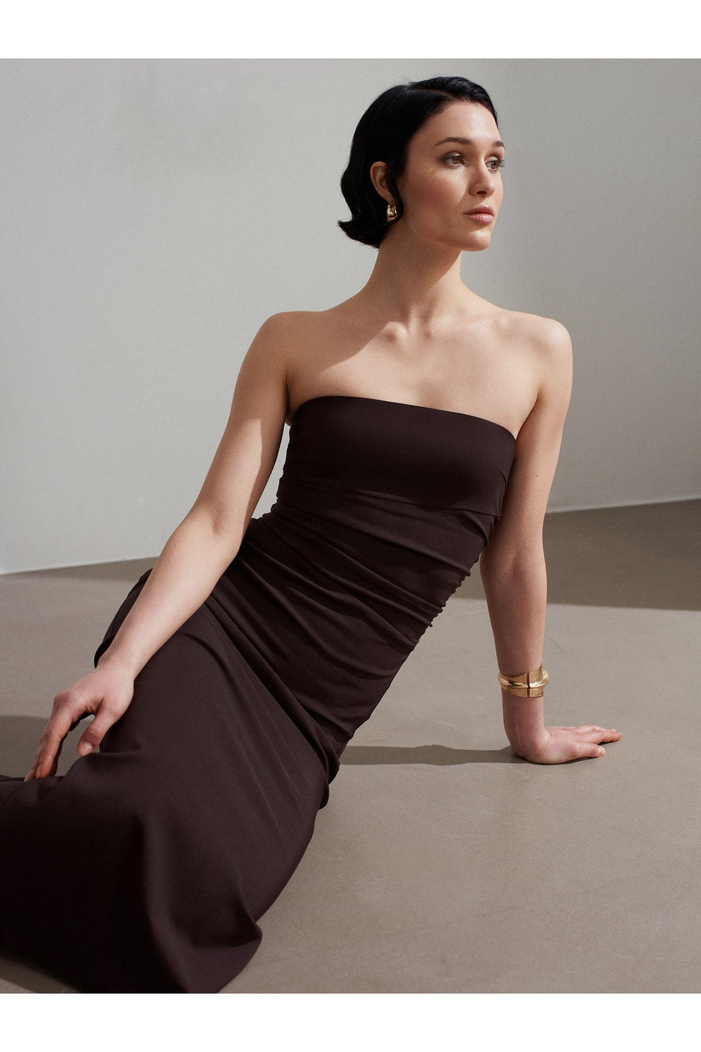 91368 Straplez Midi Elbise-Koyu Kahve