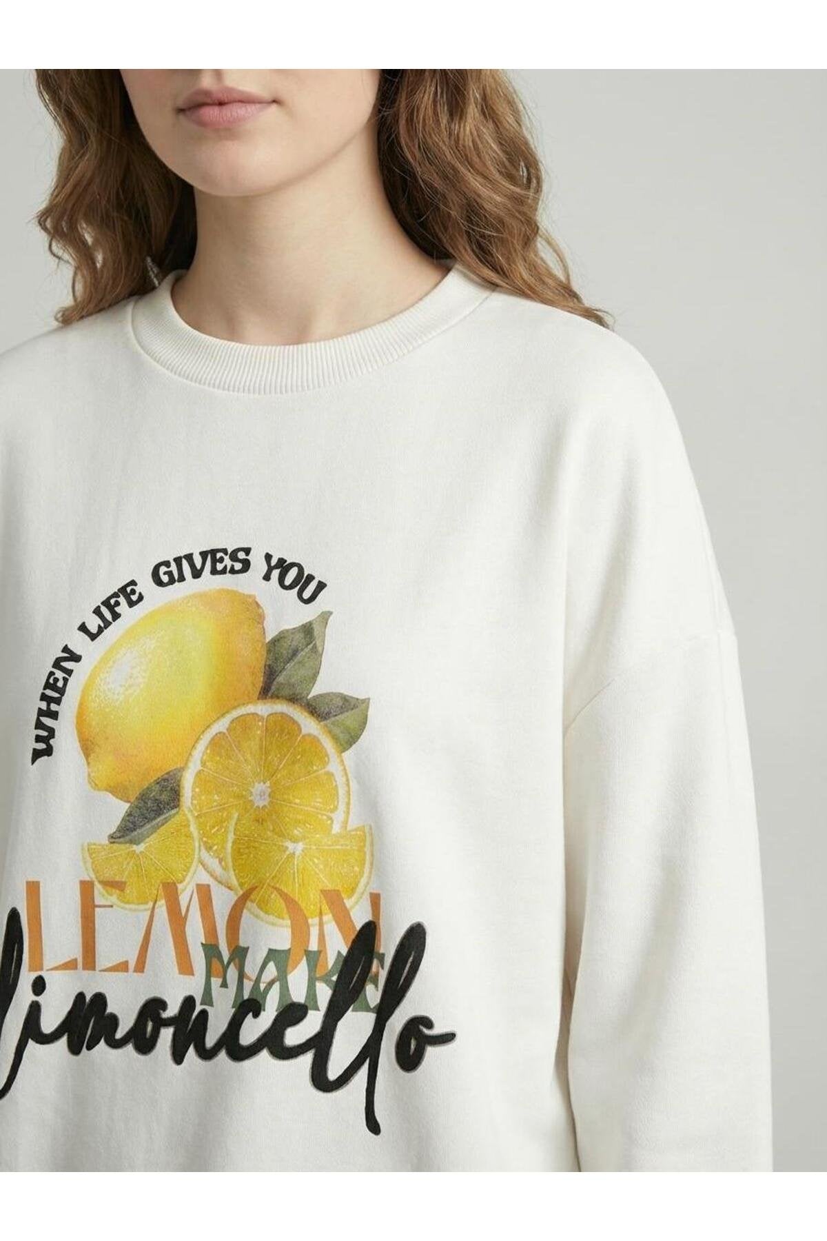 Baskı Detaylı Sweatshirt -Ekru