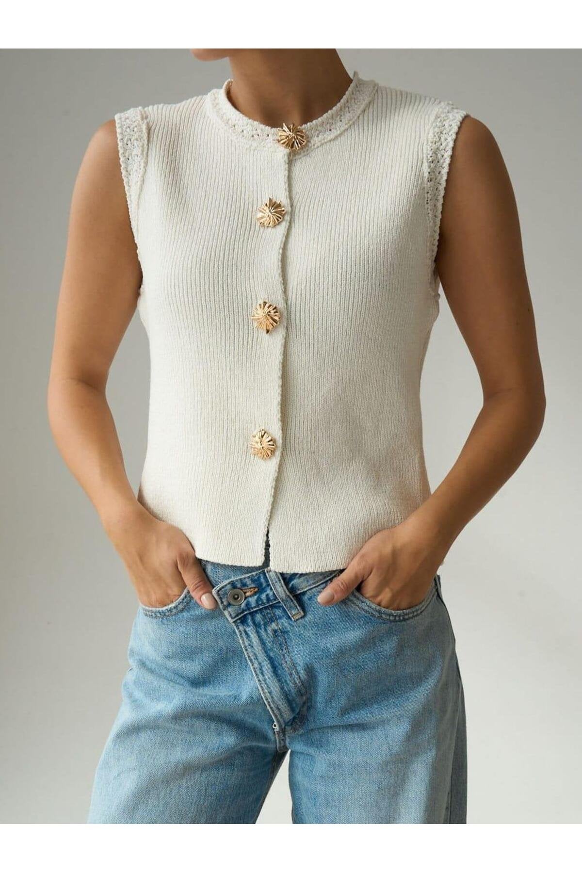 Çelik Örme Triko Yelek -Krem
