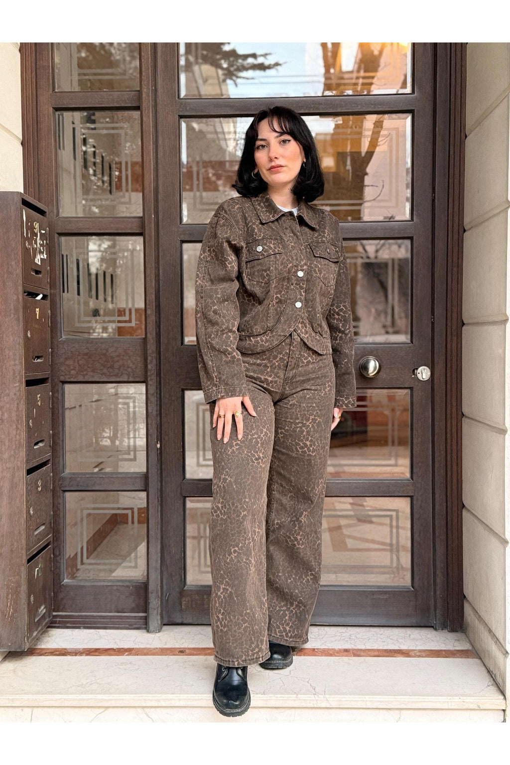 Leopar Desen Denim Pantolon -Kahve