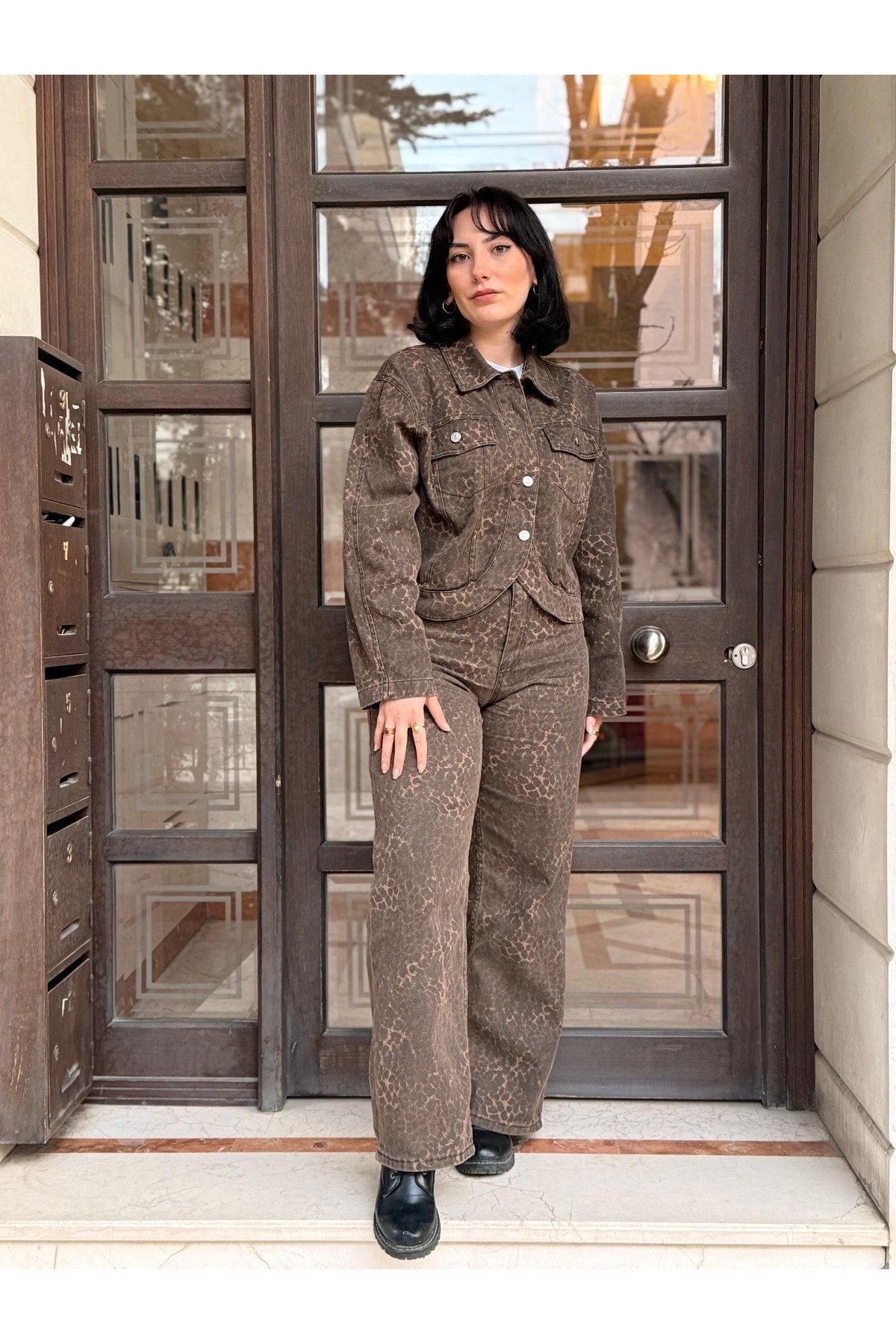 Leopar Desen Denim Pantolon -Kahve