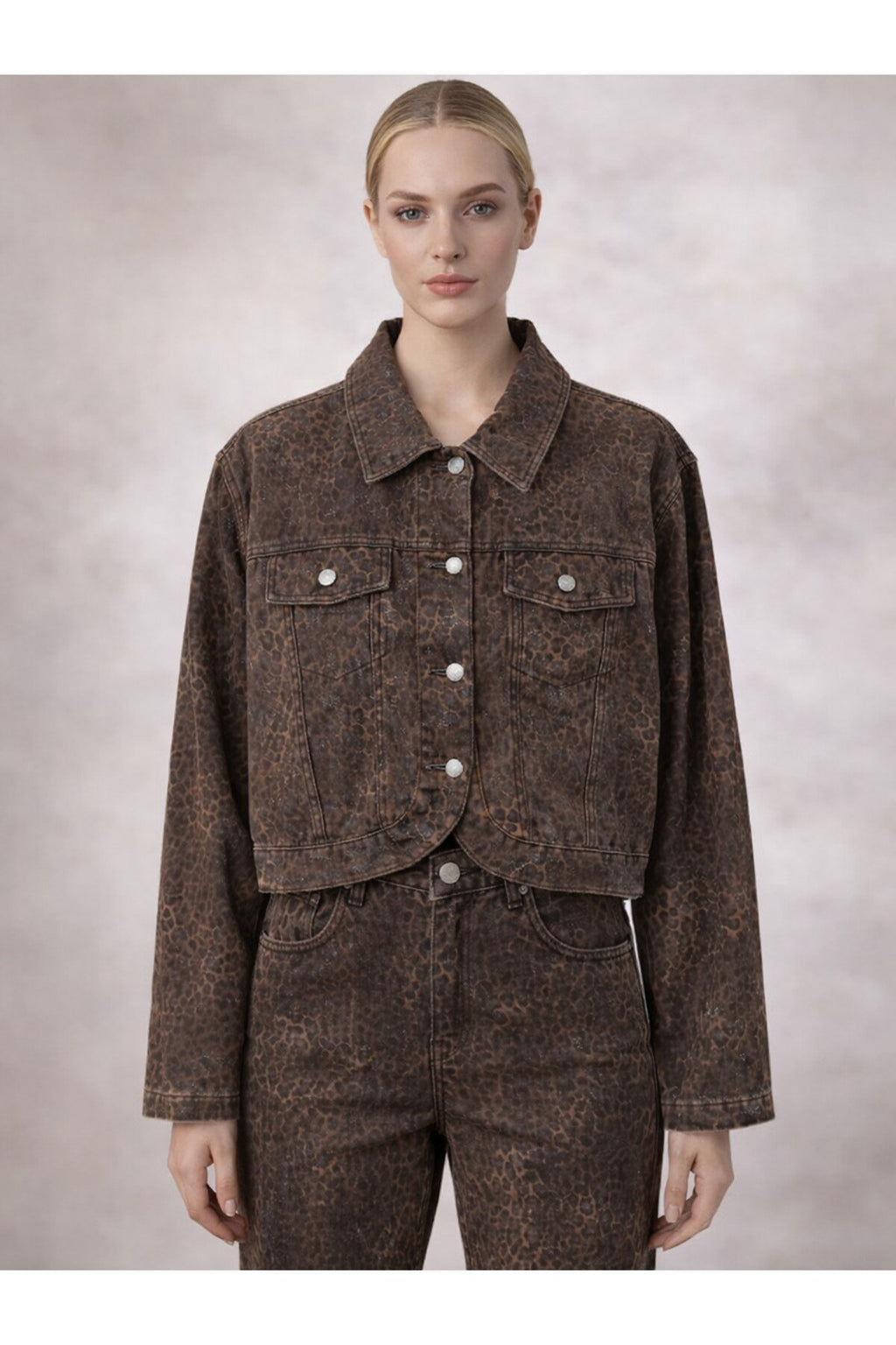 Leopar Desen Oval Kesim Denim Ceket -Kahve