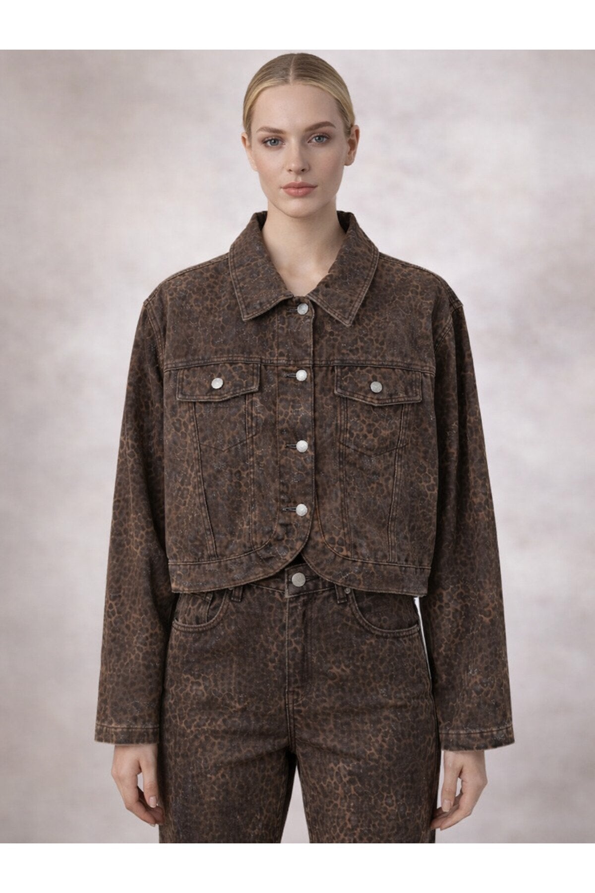 Leopar Desen Oval Kesim Denim Ceket -Kahve