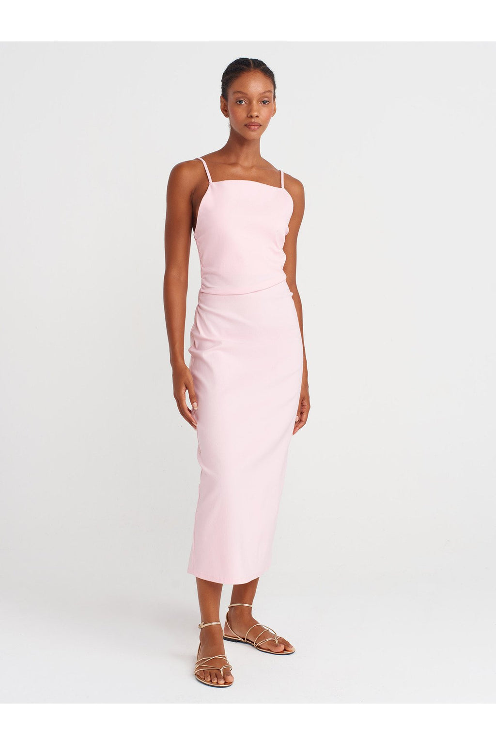 91479 Büzgülü Midi Elbise-Toz Pembe