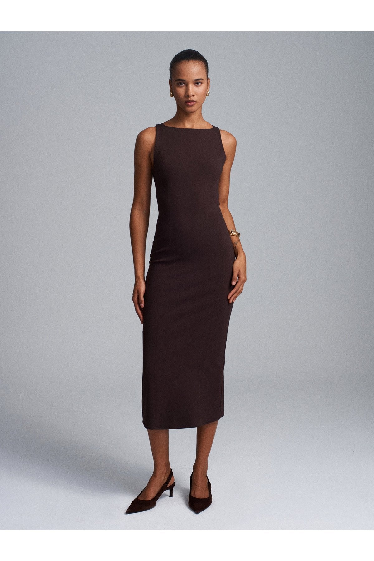 91099 Extra Slim Fit Midi Elbise-Koyu Kahve