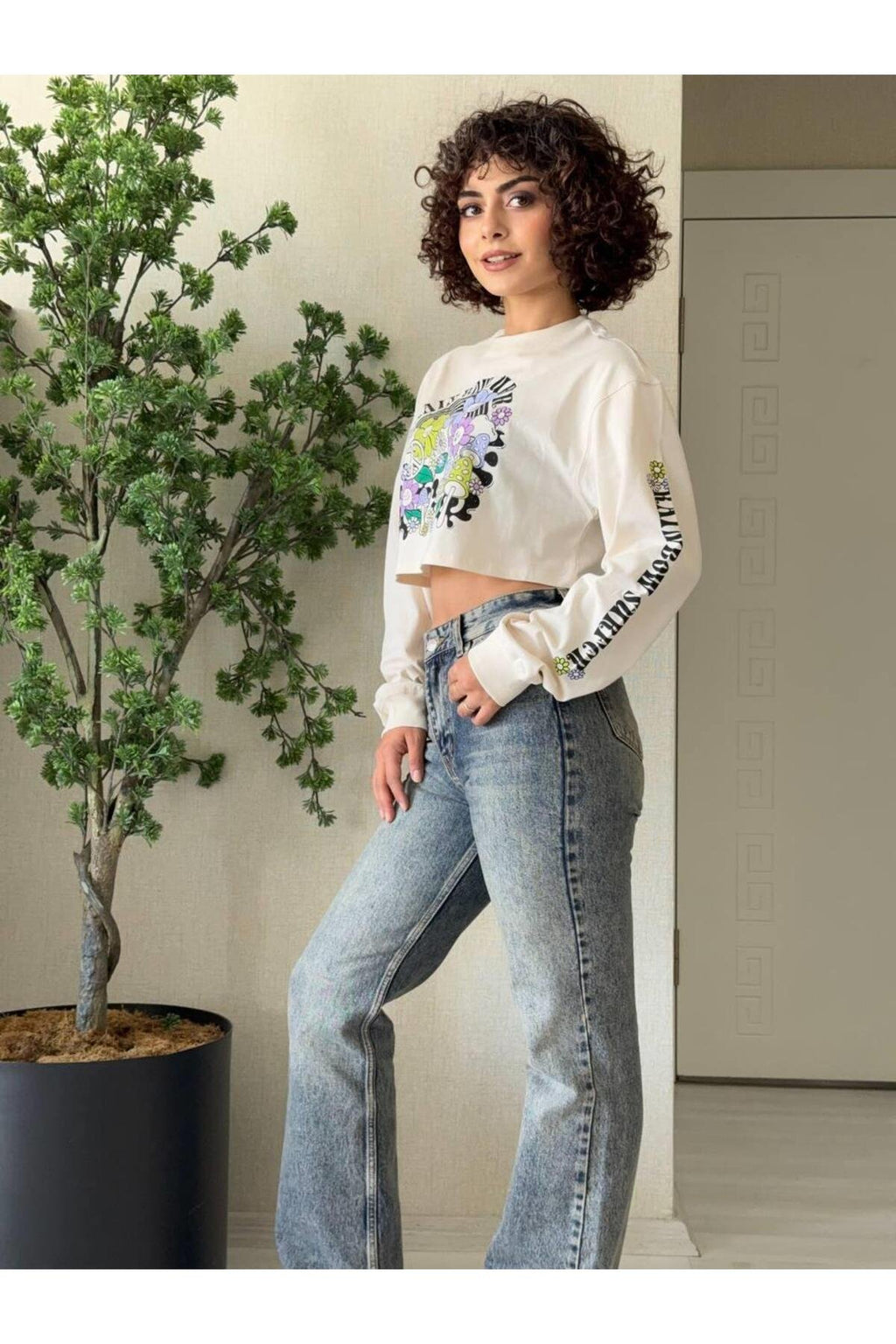 Baskı Detay Crop Sweatshirt -Bej