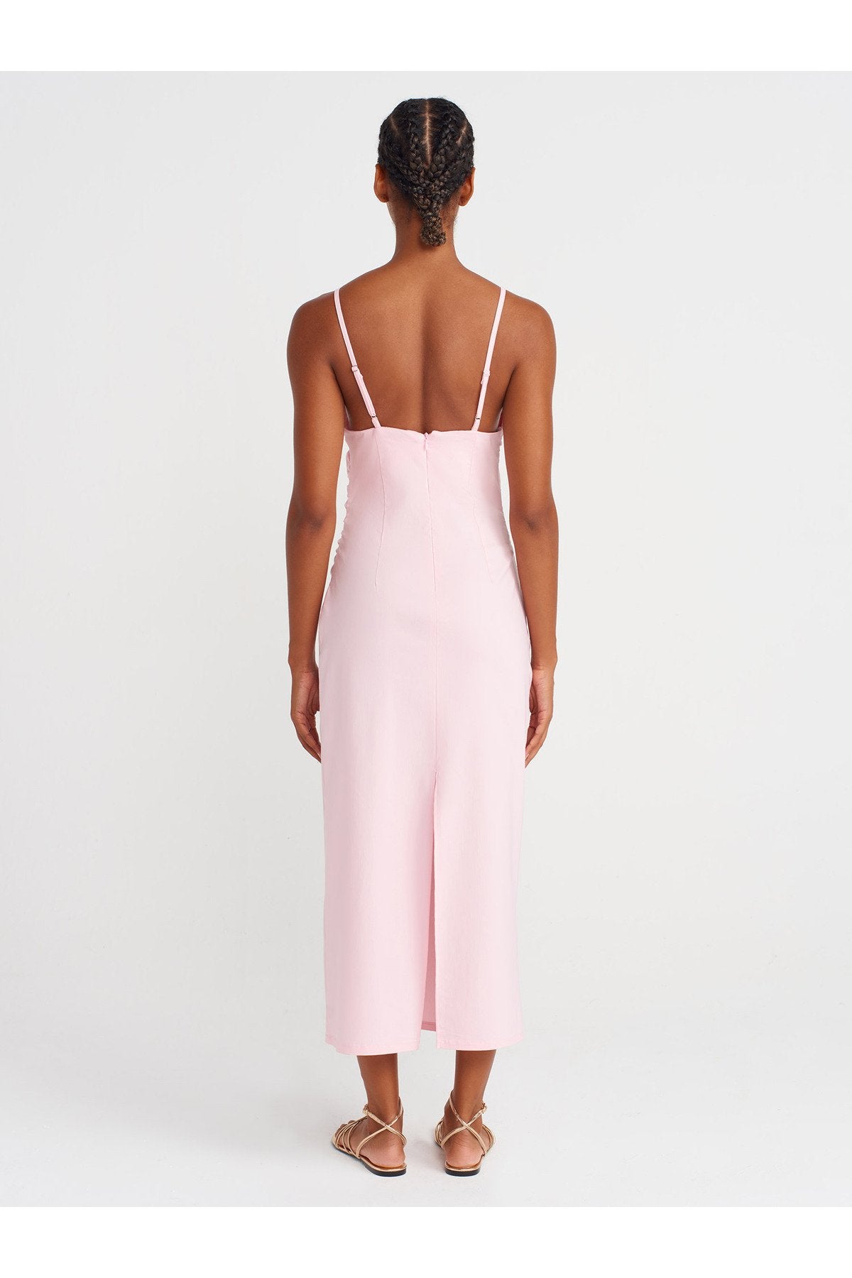 91479 Büzgülü Midi Elbise-Toz Pembe