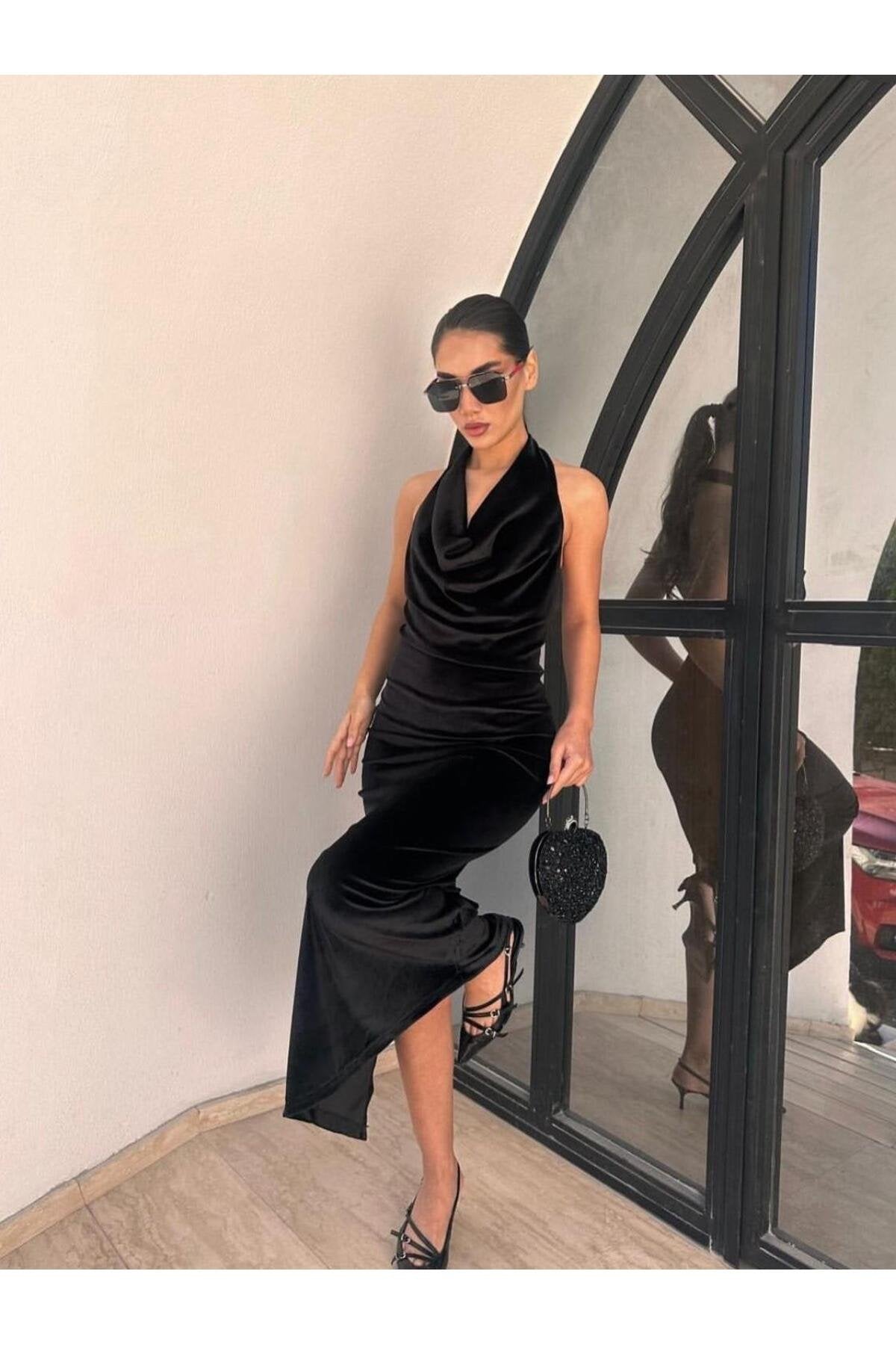 Degaje Yaka Kadife Elbise -Siyah