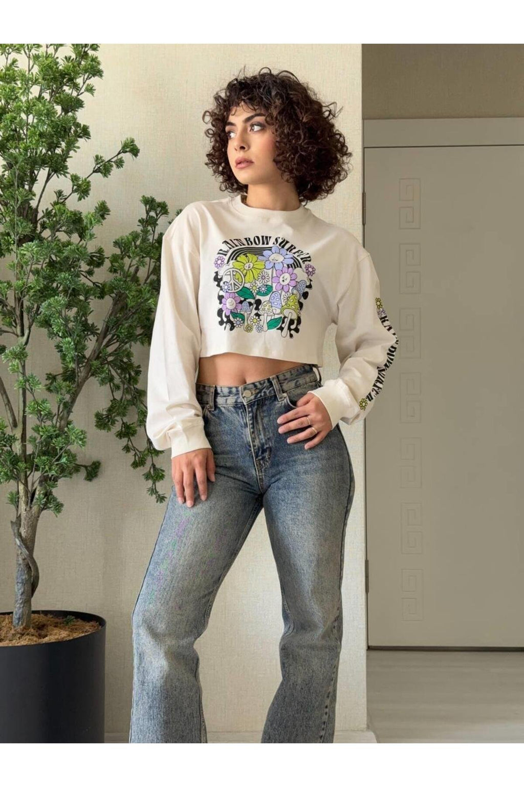 Baskı Detay Crop Sweatshirt -Bej