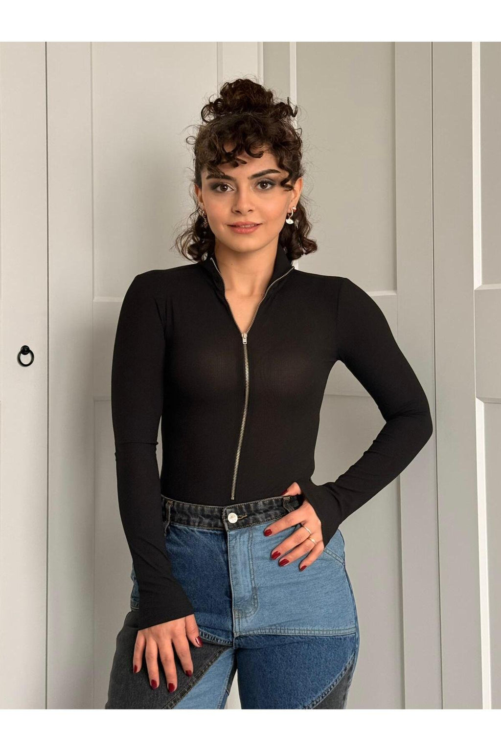 Önü Fermuar Detay Bodysuit -Siyah