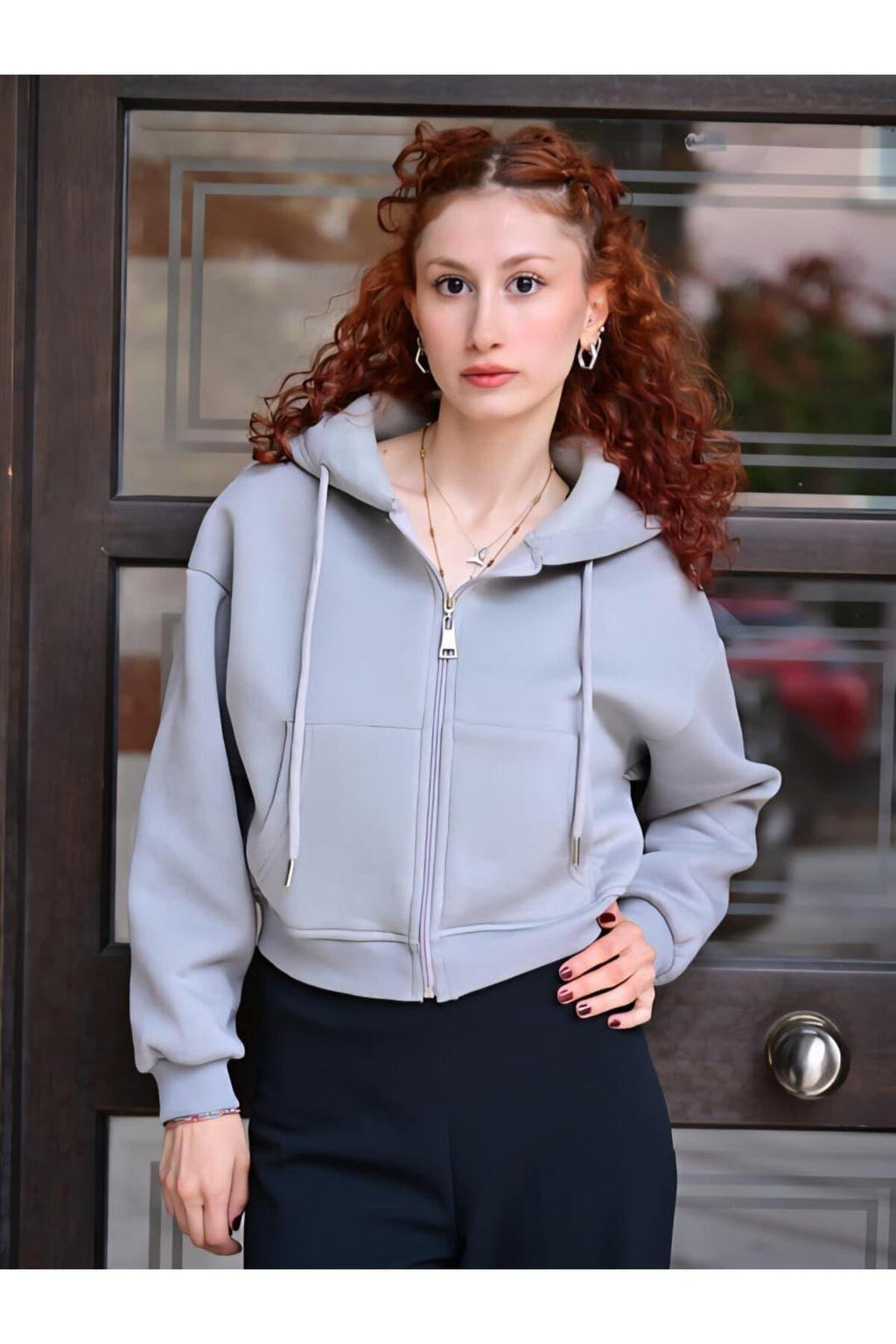 Kapüşonlu Crop Sweatshirt -Gri