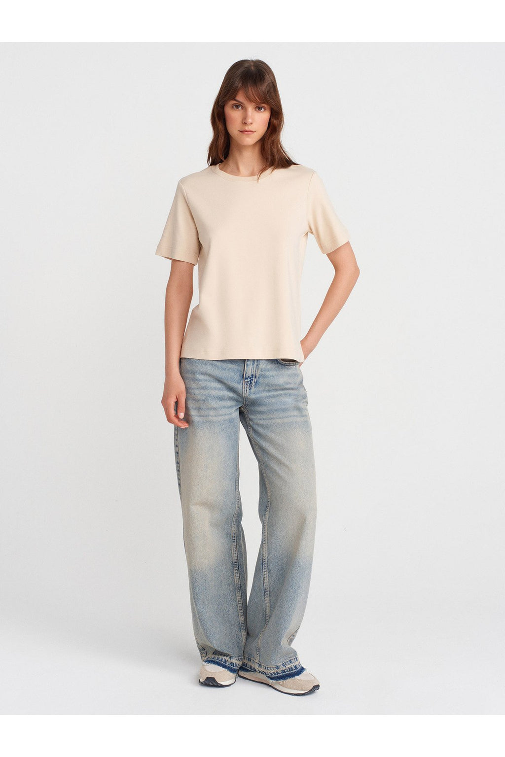 31763 %100 Pamuk Bisiklet Yaka T-shirt-Taş