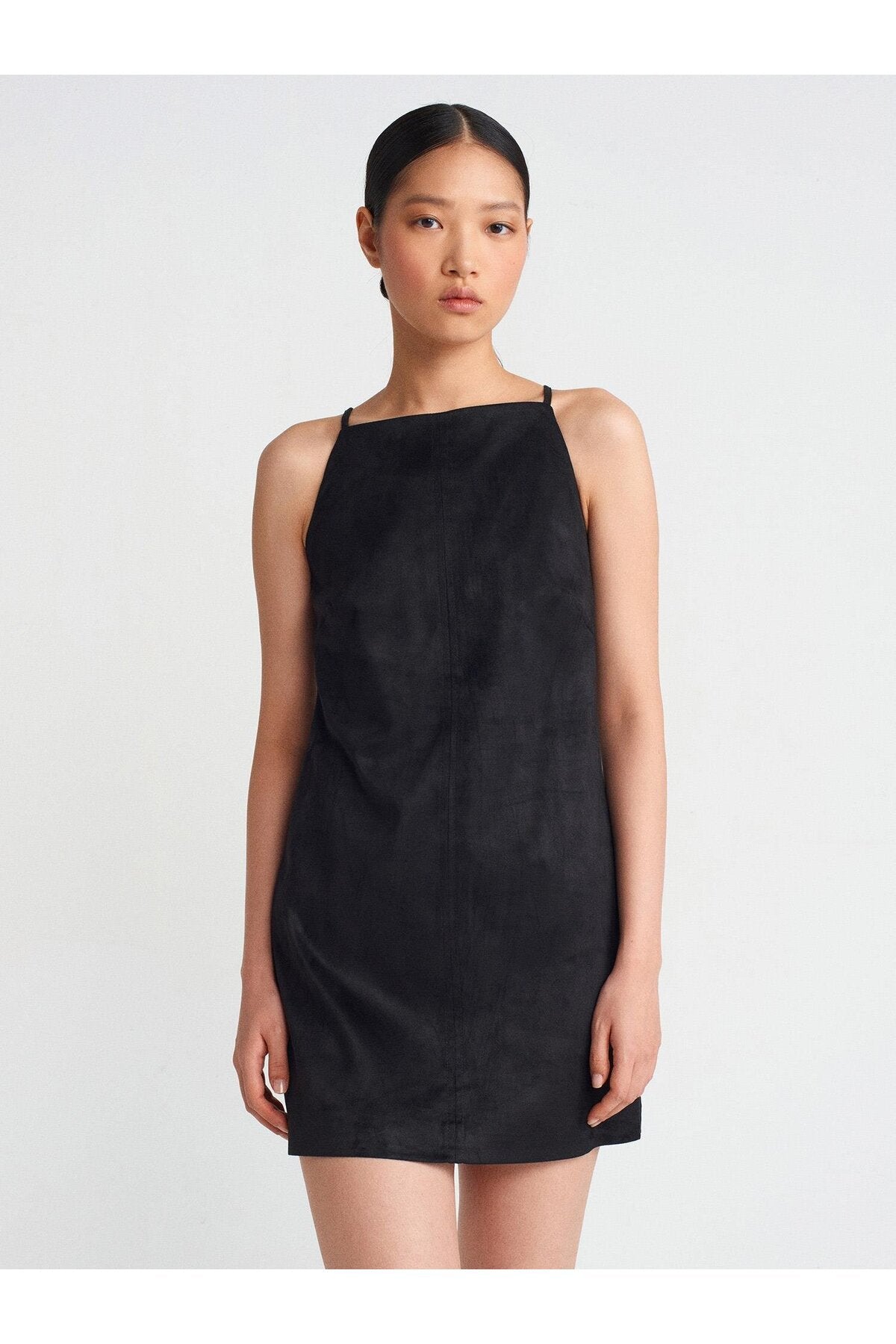 Askılı Mini Süet Elbise -Siyah