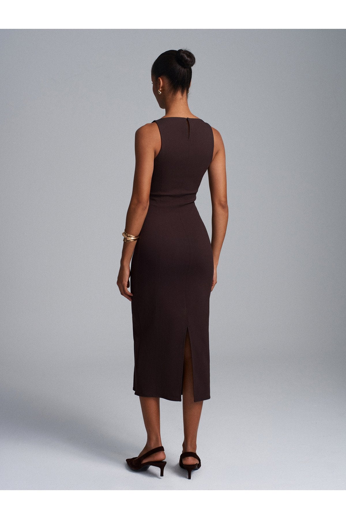 91099 Extra Slim Fit Midi Elbise-Koyu Kahve