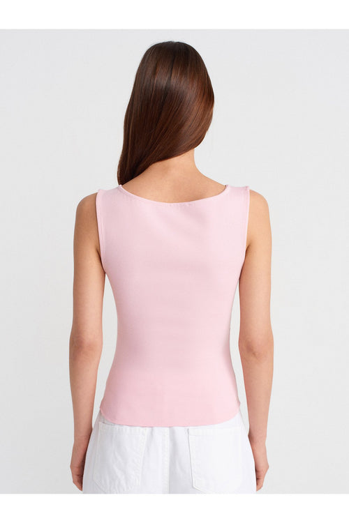 31589 Büzgülü Kayık Yaka Top-Toz Pembe