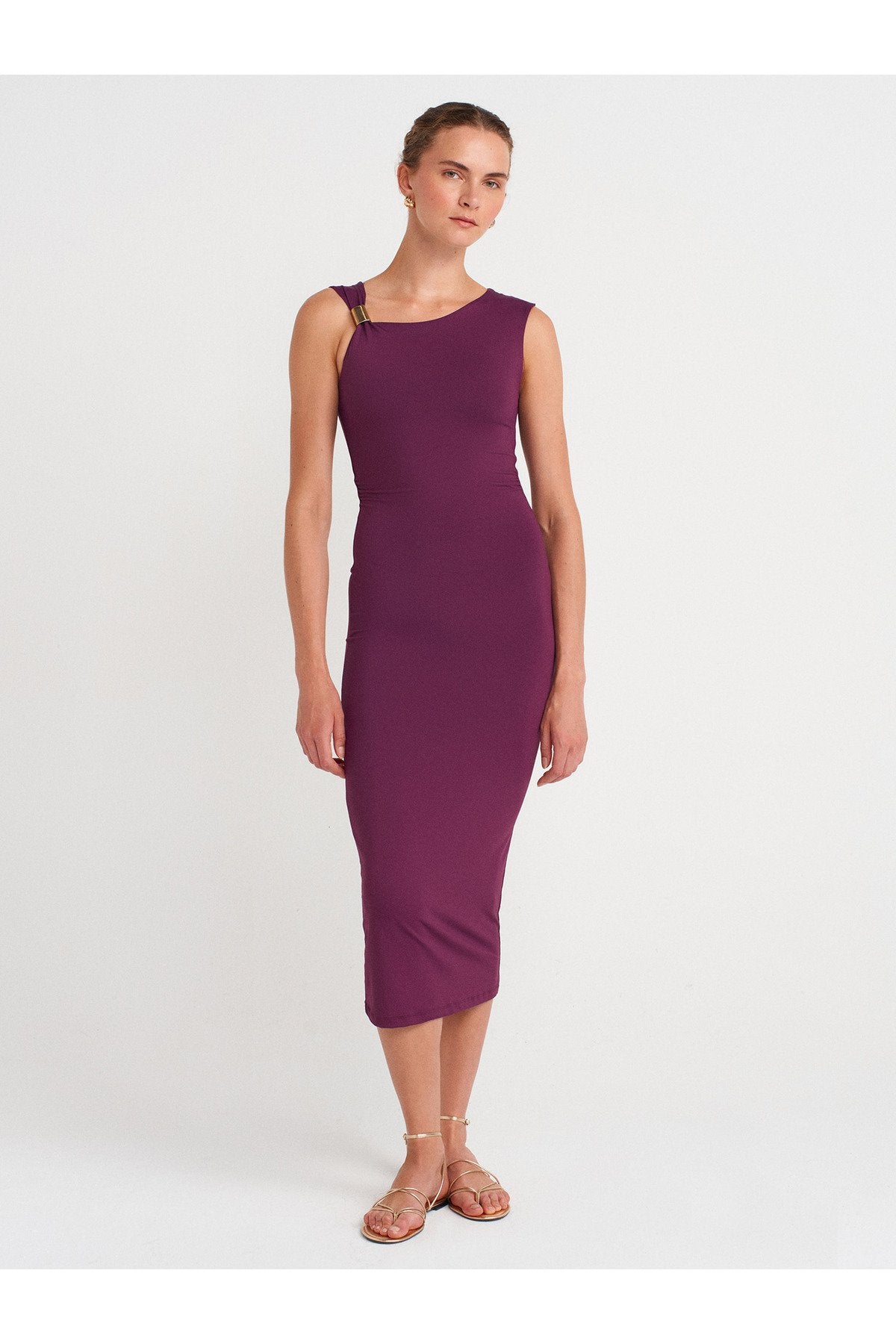 91493 Aksesuar Detaylı Asimetrik Elbise-Mor