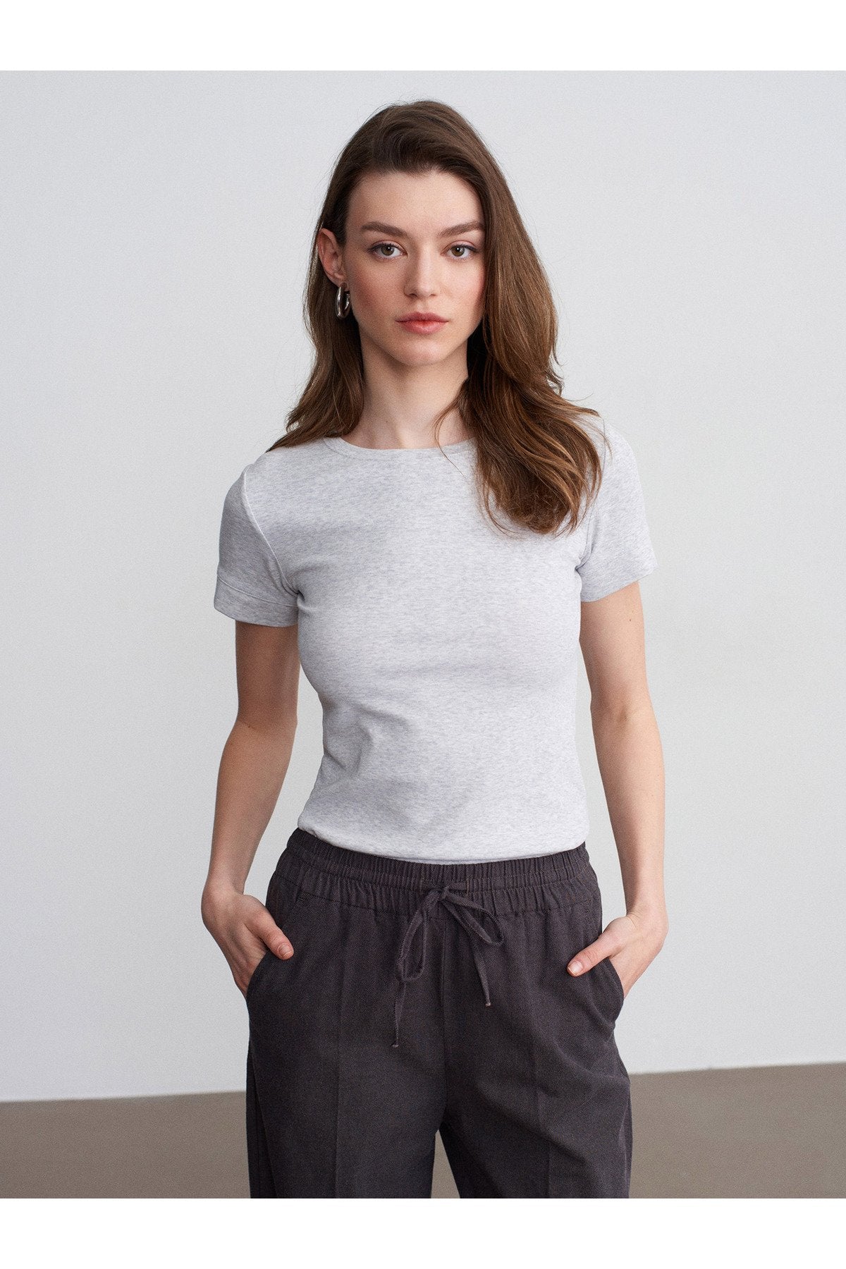 32637 Bisiklet Yaka T-Shirt-Gri Melanj