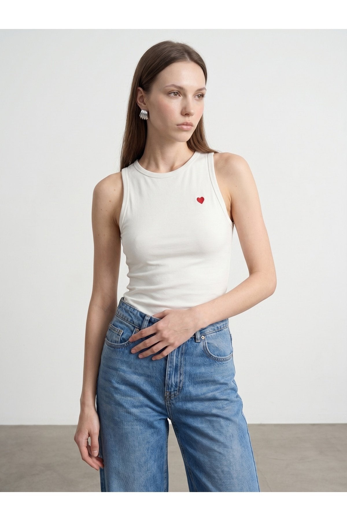 21259 Bisiklet Yaka Top-Ekru