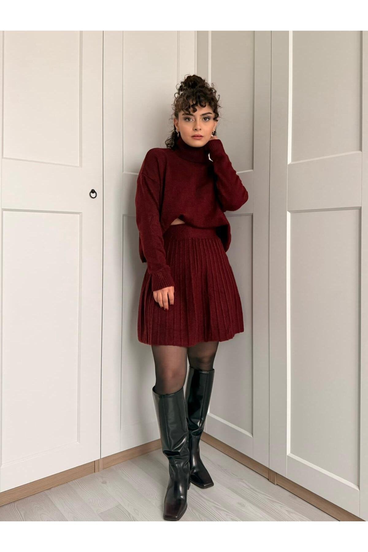 Triko Kazak Etek Takım -Bordo