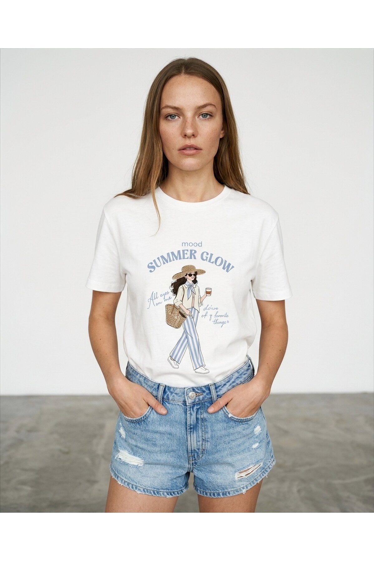 Baskı Nakış Detaylı T-shirt Ekru