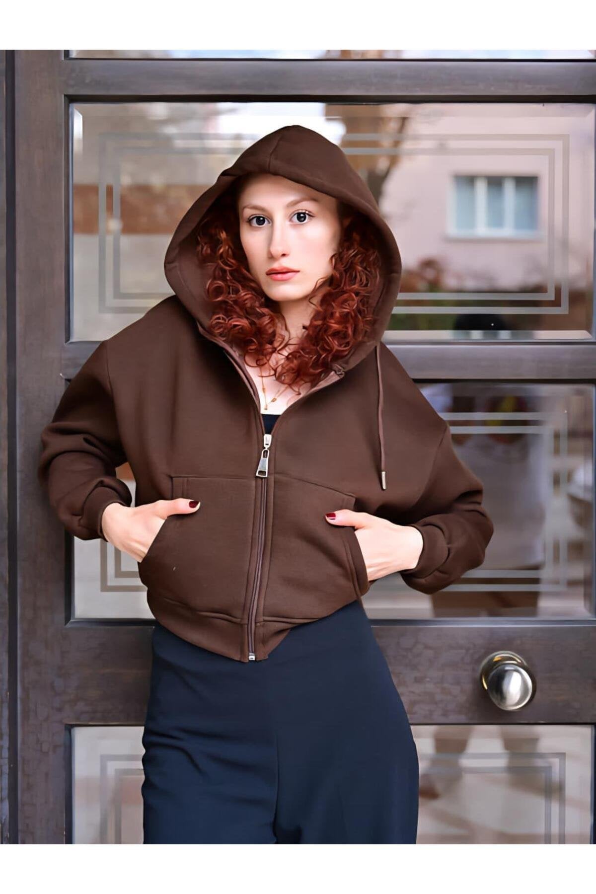 Kapüşonlu Crop Sweatshirt -Kahve