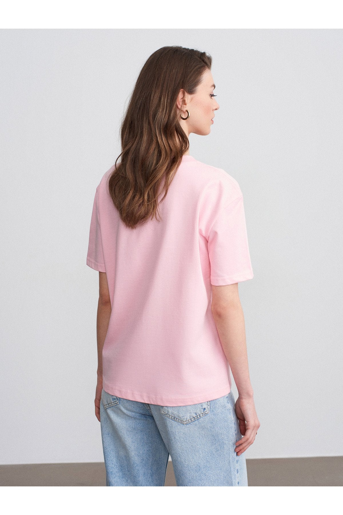 30312 %100 Pamuk Bisiklet Yaka T-Shirt-Toz Pembe