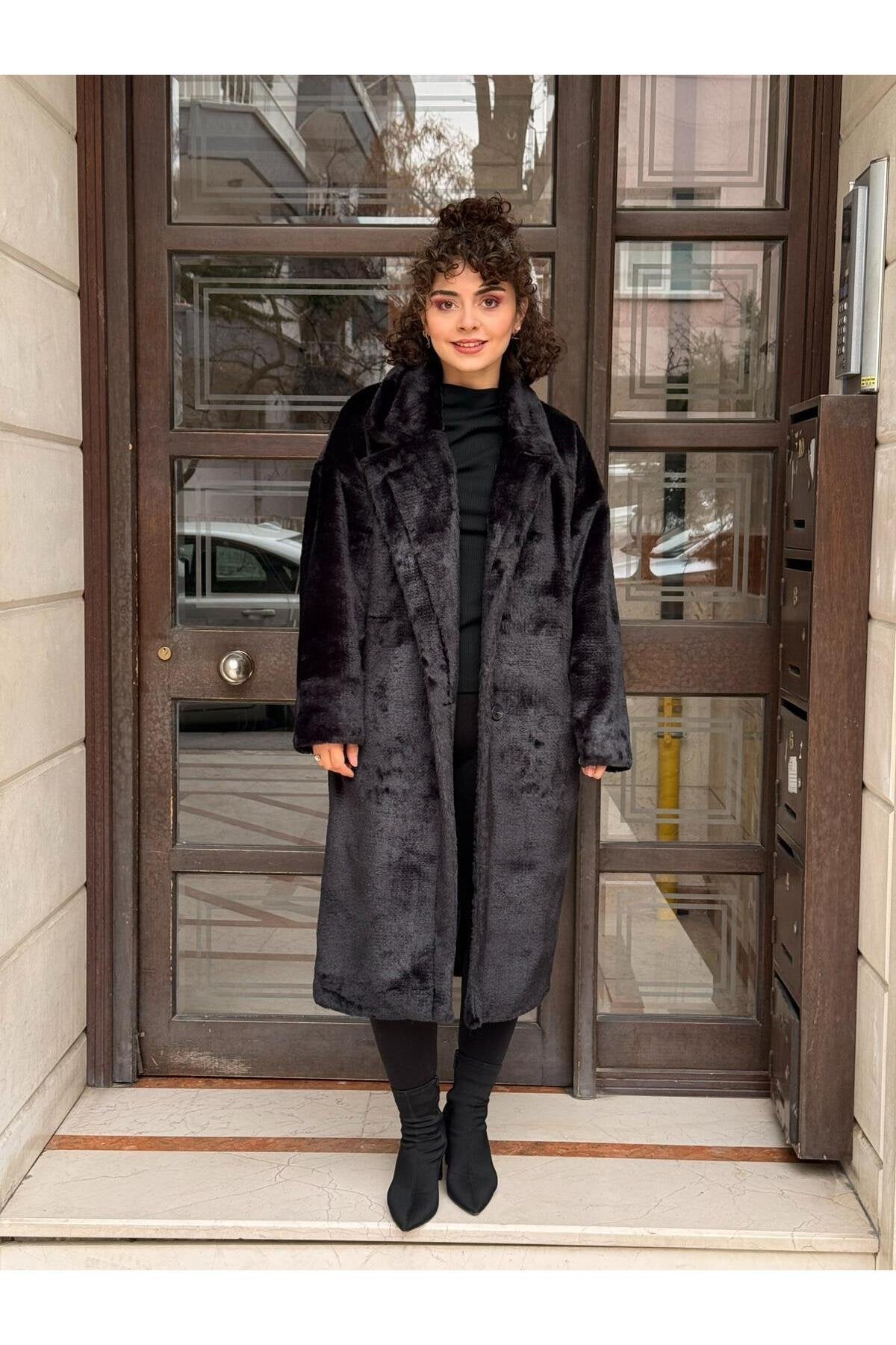 Oversize Peluş Kaban -Siyah