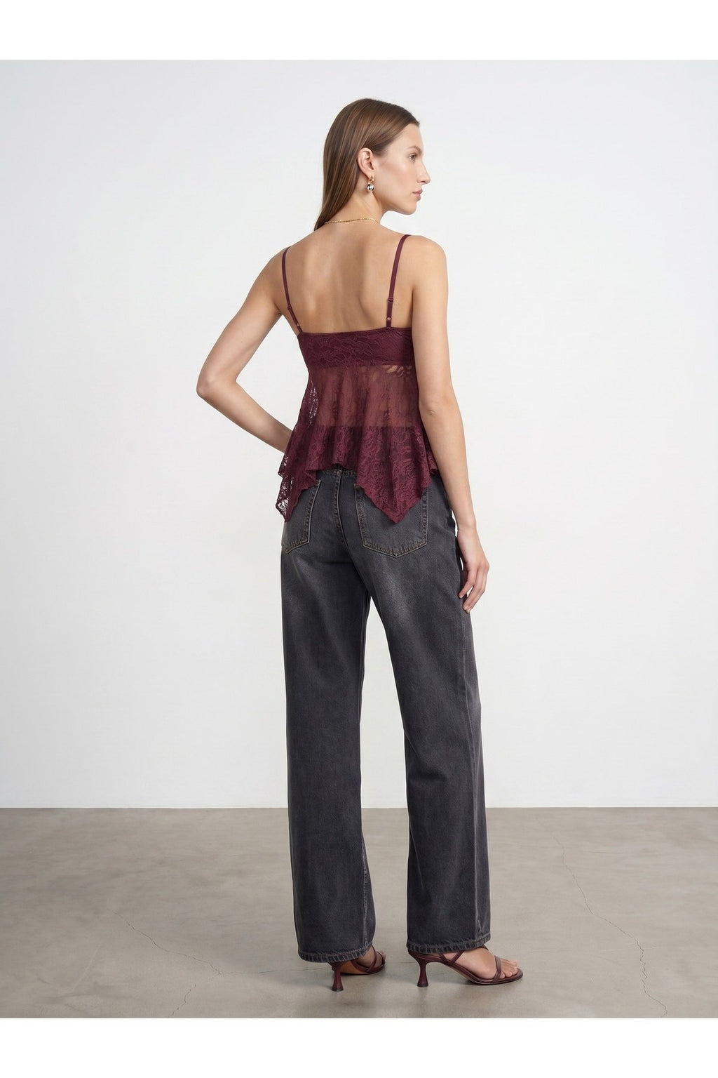 32768 Askılı Dantel Top-Bordo