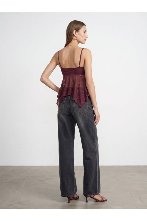 32768 Askılı Dantel Top-Bordo