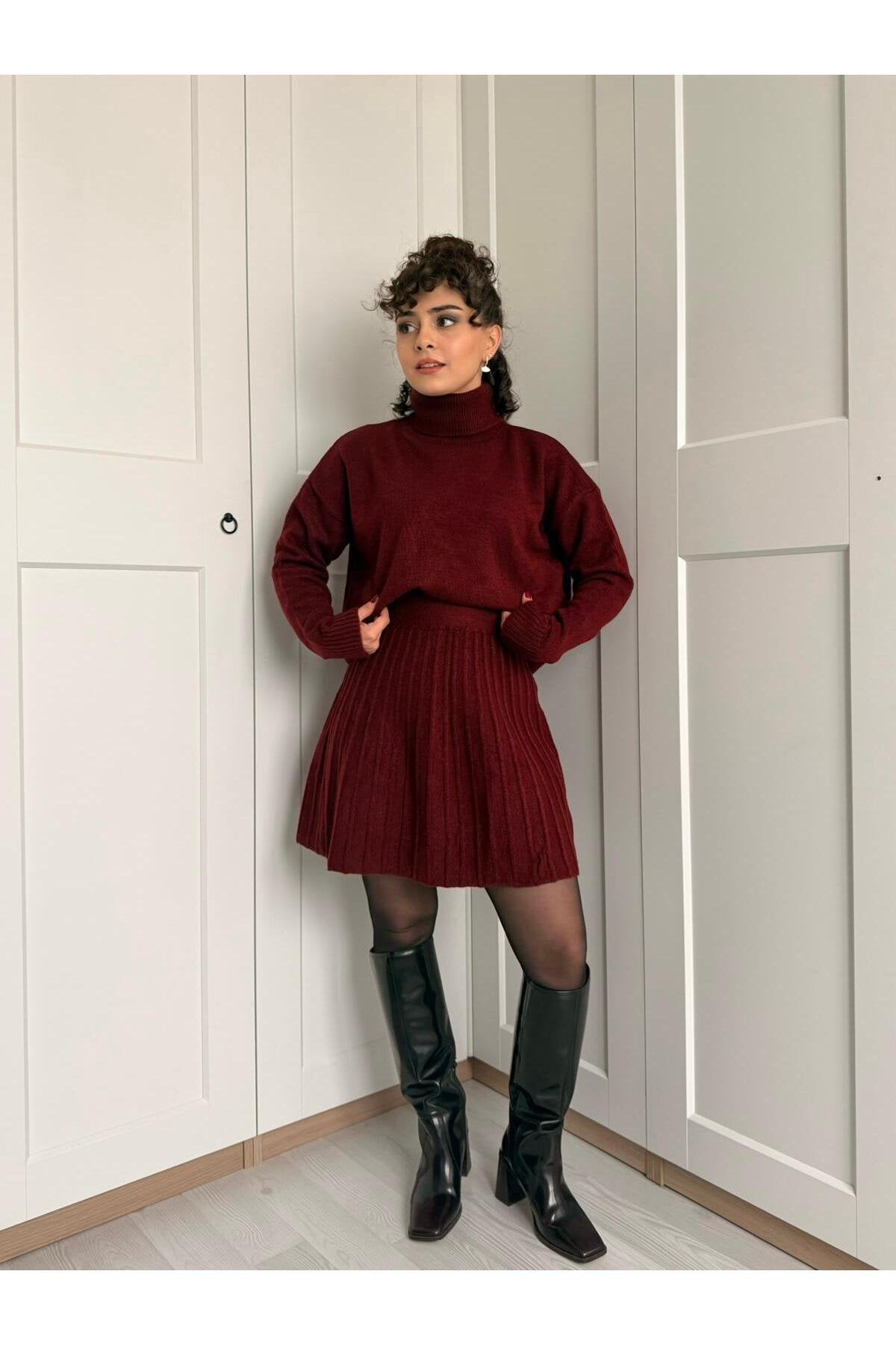 Triko Kazak Etek Takım -Bordo