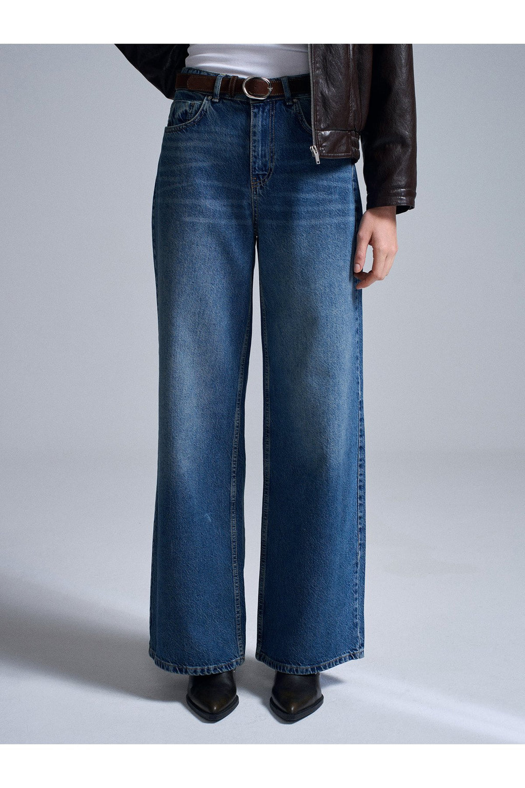 72072 %100 Pamuk Kemerli Wide Leg Jean-Mavi