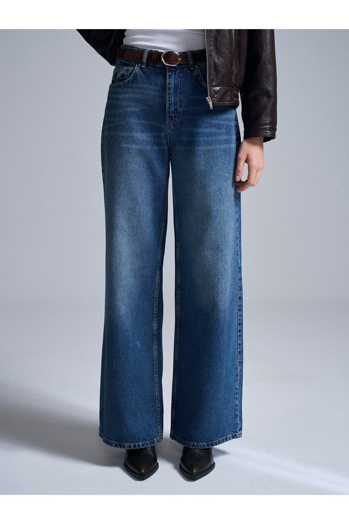 72072 %100 Pamuk Kemerli Wide Leg Jean-Mavi