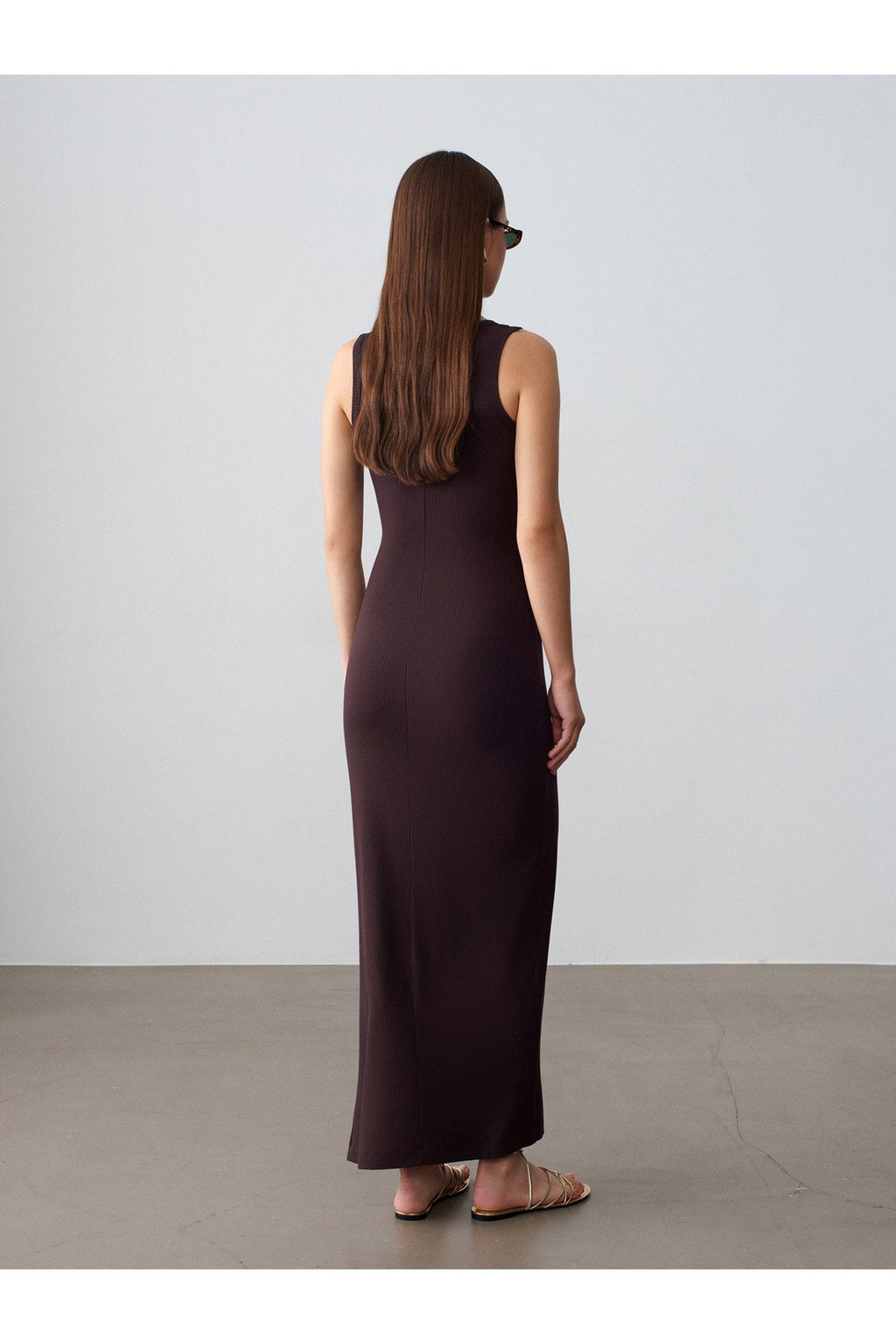 91652 Fitilli Midi Elbise-Koyu Kahve