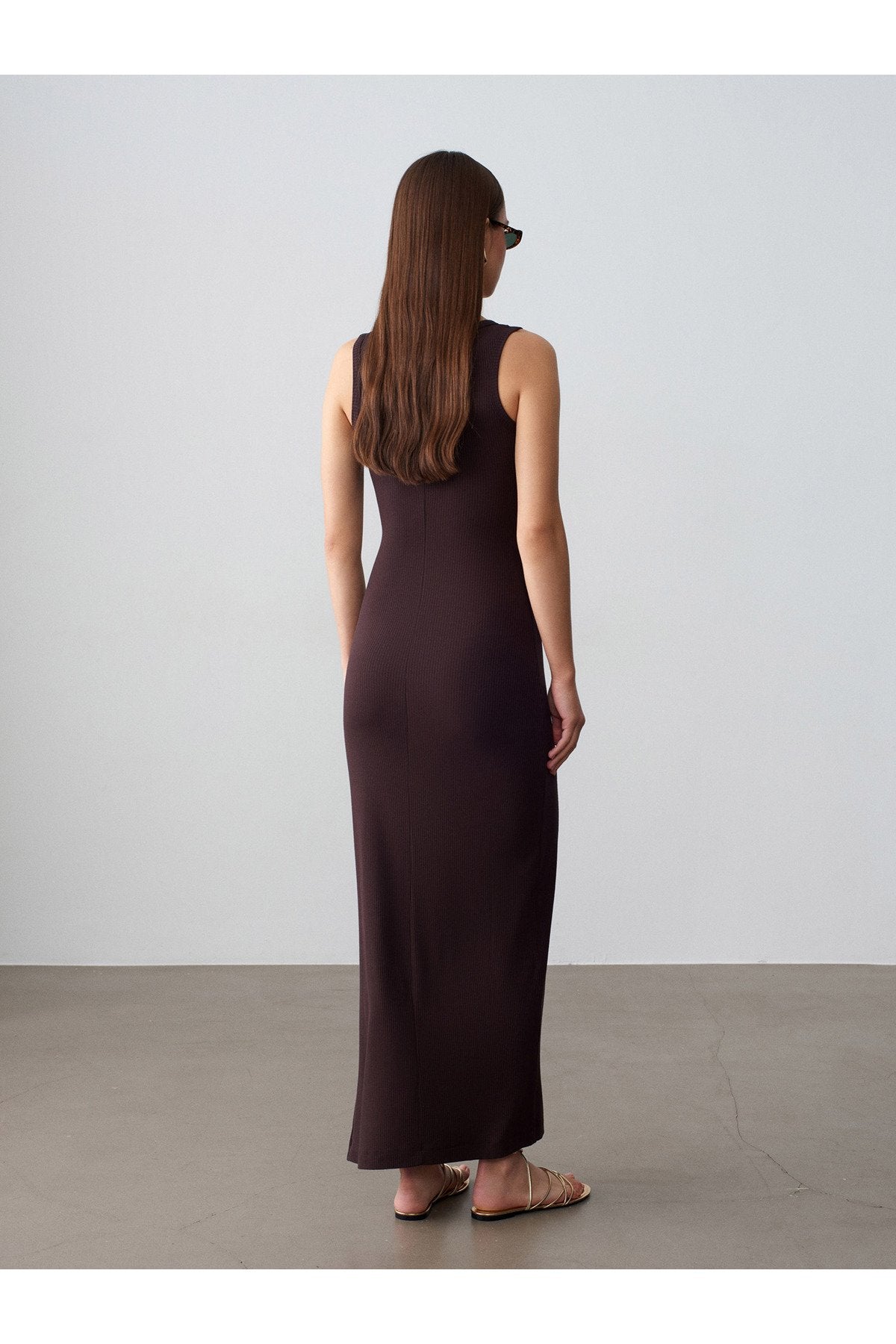 91652 Fitilli Midi Elbise-Koyu Kahve