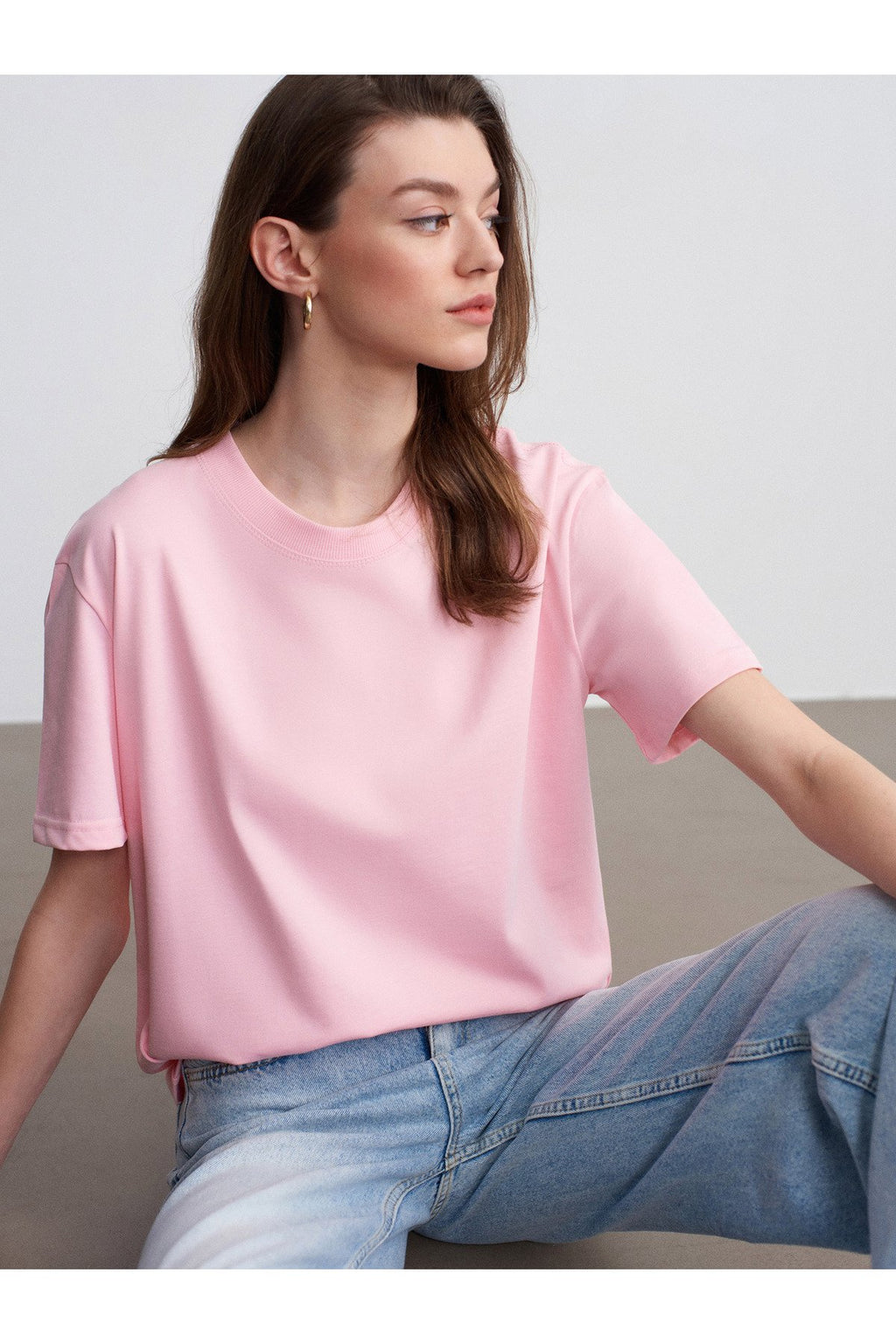 30312 %100 Pamuk Bisiklet Yaka T-Shirt-Toz Pembe