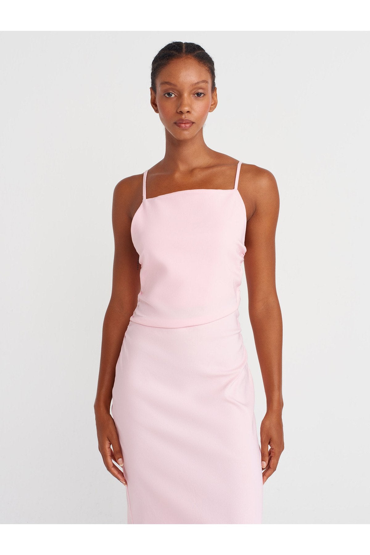 91479 Büzgülü Midi Elbise-Toz Pembe