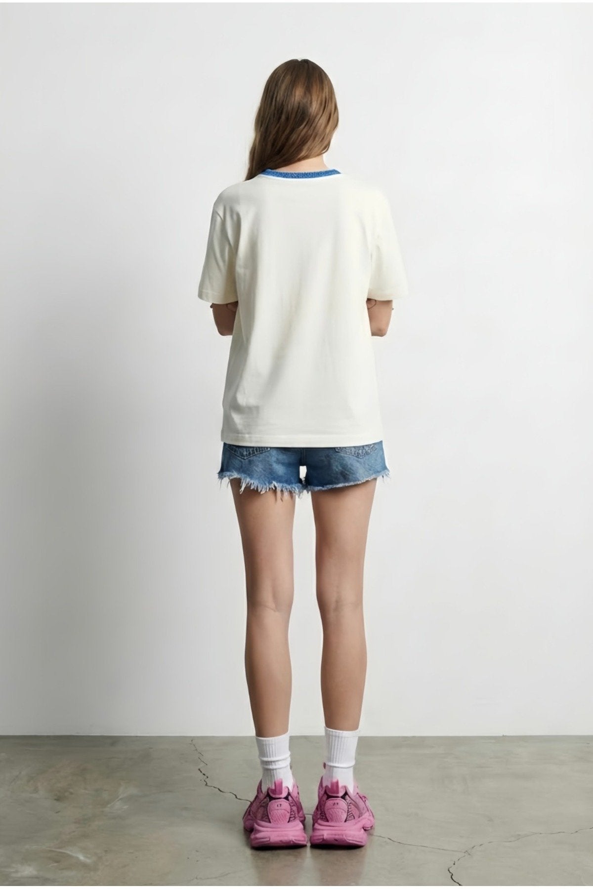 Kadın Yazılı Triko Yaka Oversize Tişört Ekru
