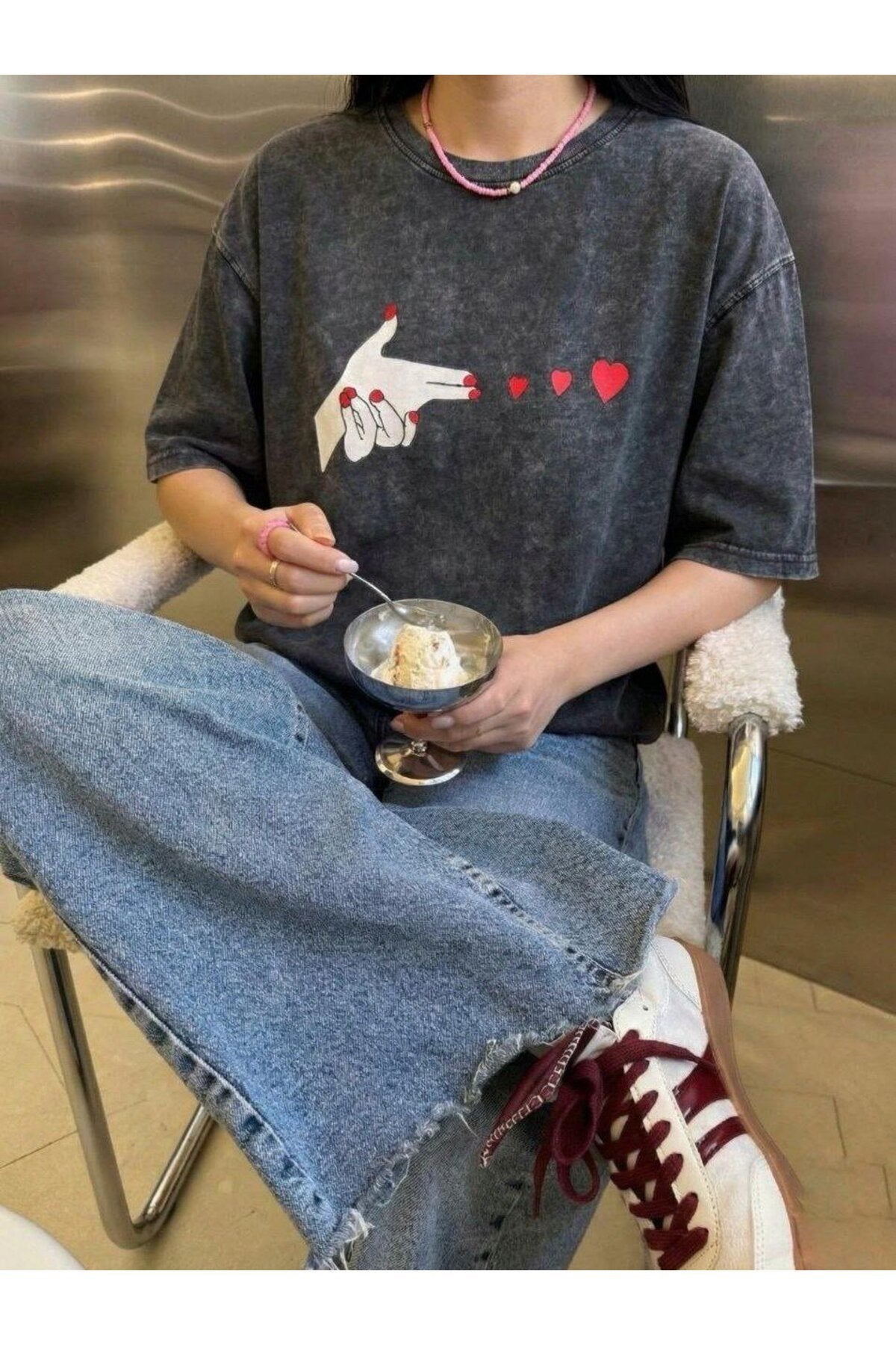 Pinterestgirl Oversize Kalıp Kalp Detay Tshirt