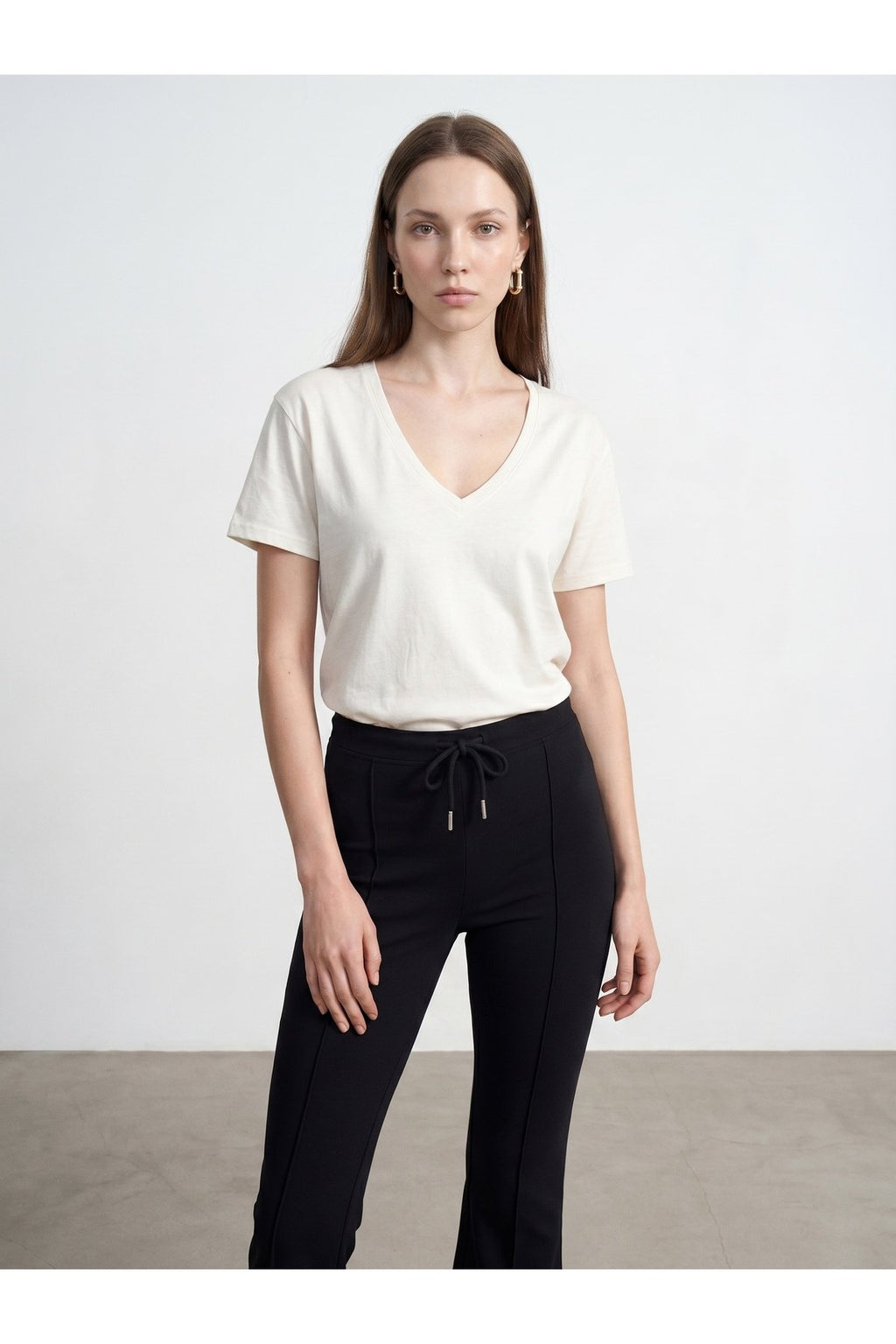 32847 Lyocell Karışımlı V Yaka T-shirt-Ekru