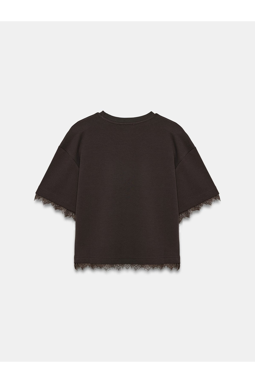 32826 Dantel Detaylı Kısa Kollu T-shirt-Koyu Kahve