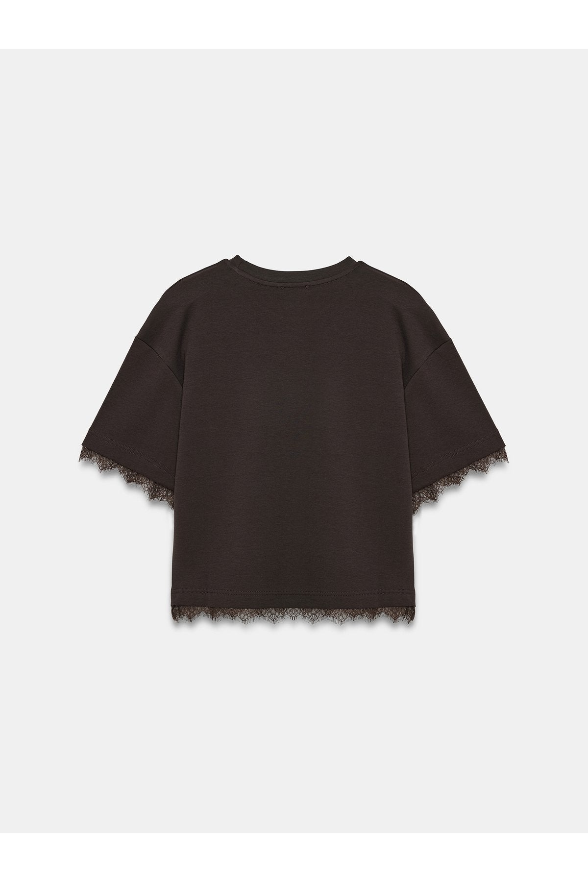 32826 Dantel Detaylı Kısa Kollu T-shirt-Koyu Kahve