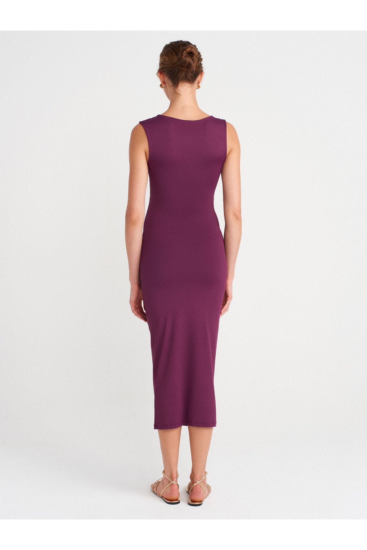 91493 Aksesuar Detaylı Asimetrik Elbise-Mor