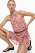 Çiçek Desenli Halter Yaka Crop Bluz Pembe