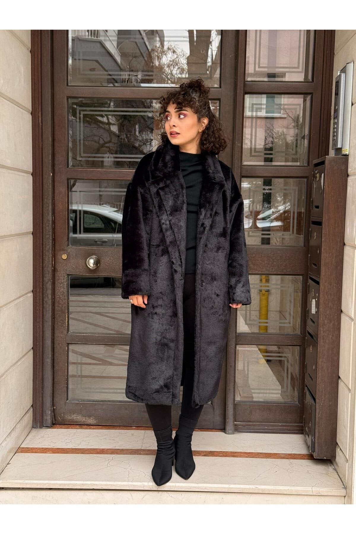 Oversize Peluş Kaban -Siyah