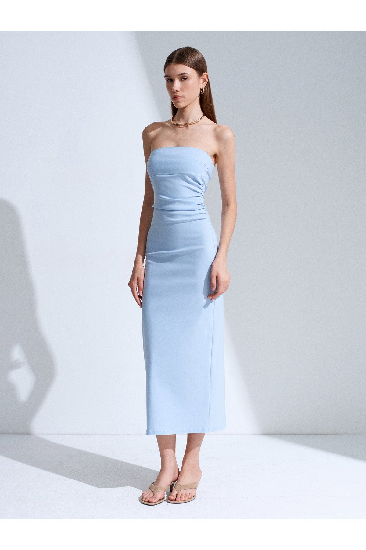 91368 Straplez Midi Elbise-Açık Mavi