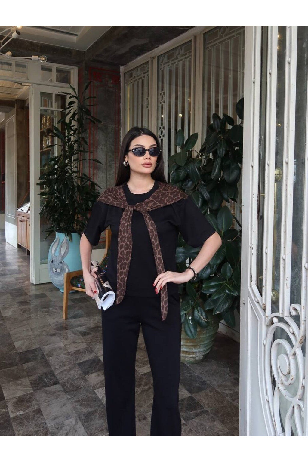 Siyah Leopar Desenli Şal Detaylı Kadın Takım