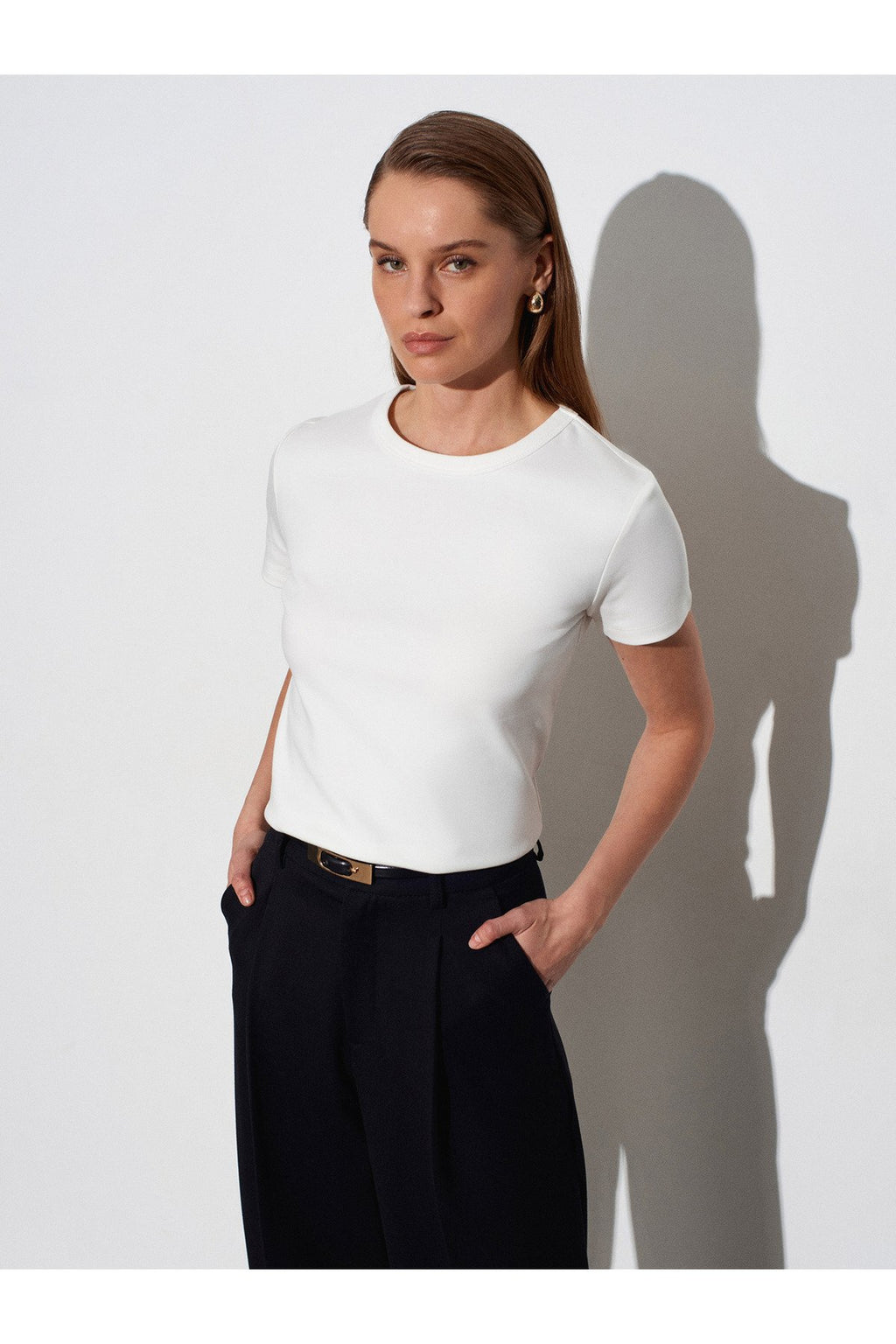 32779 Bisiklet Yaka T-shirt-Ekru
