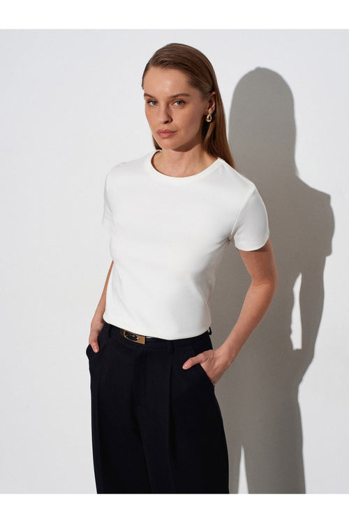 32779 Bisiklet Yaka T-shirt-Ekru