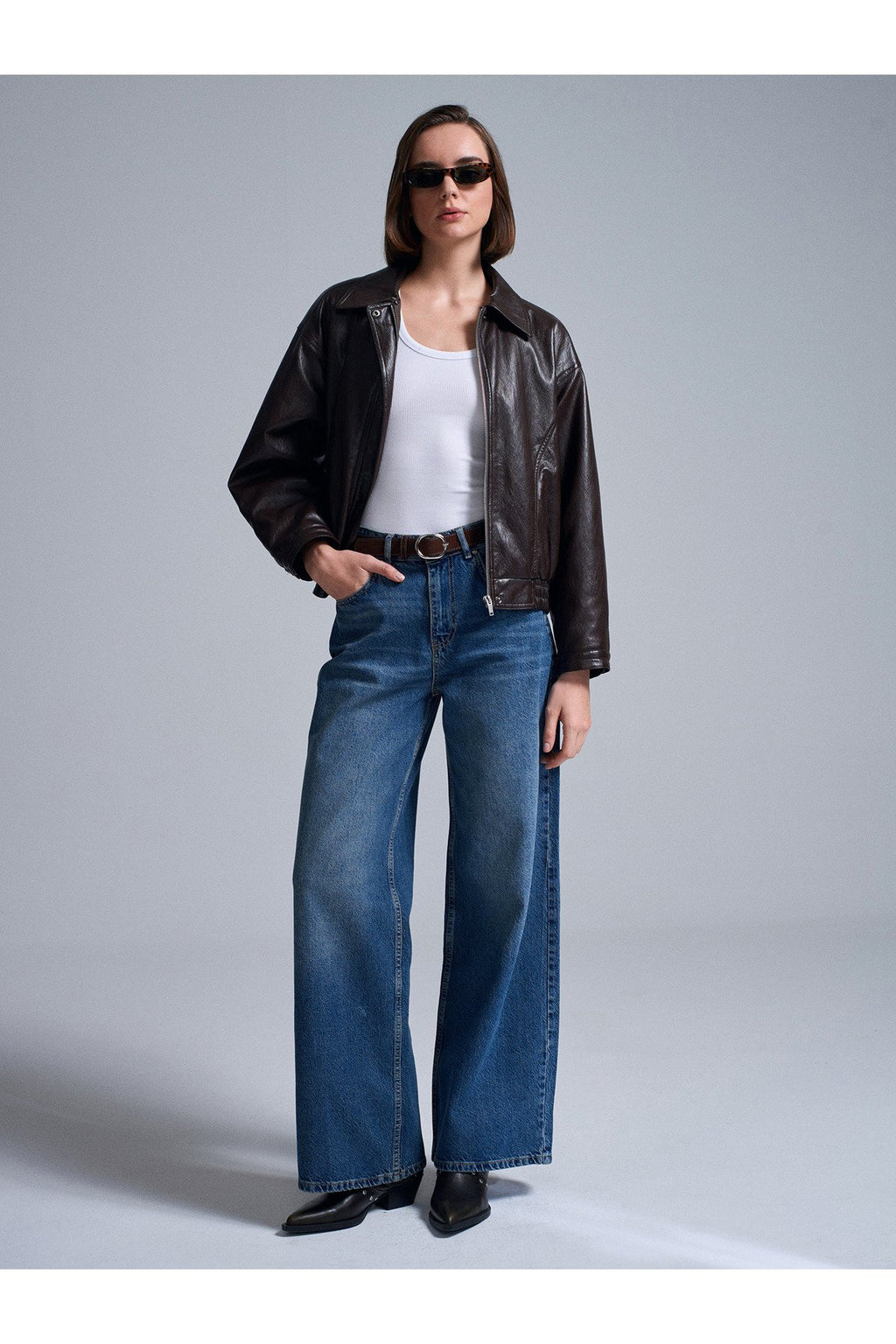 72072 %100 Pamuk Kemerli Wide Leg Jean-Mavi