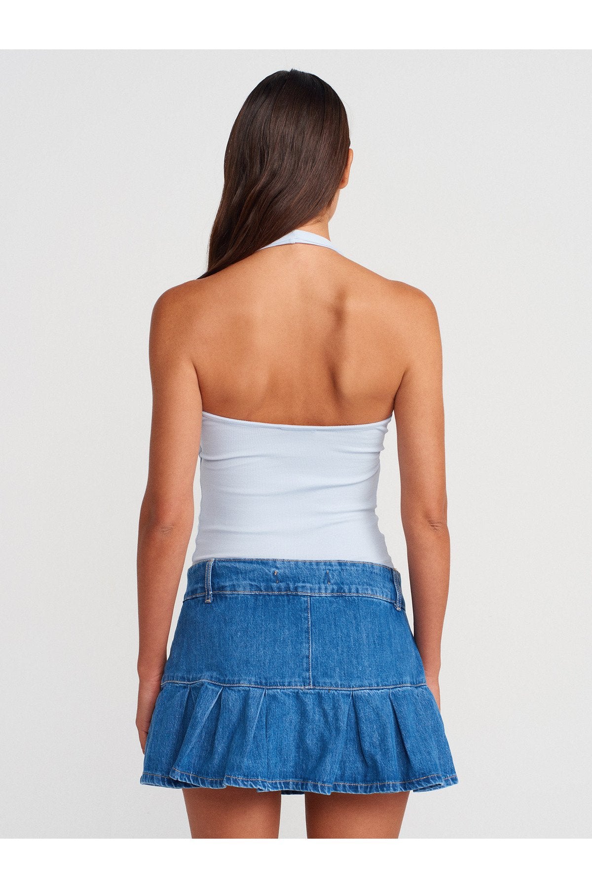 71979 %100 Pamuk Pileli Denim Şort Etek-Mavi